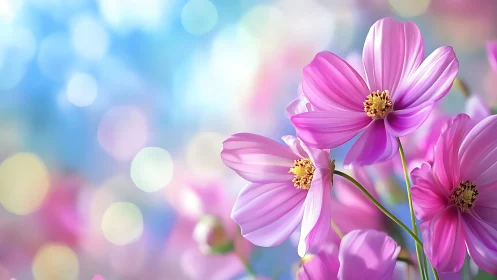 Pink cosmos flowers against blurred background with bokeh.
