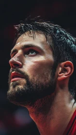 Sweatlit courtside gaze under arena lights, locked on victory.