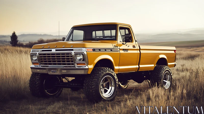 Lifted yellow vintage pickup truck in open grassland field.