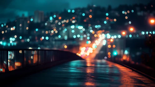 Urban bridge surface reflects defocused city traffic lights