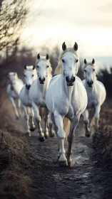 Galloping white horses on muddy rural path in soft dusk light.