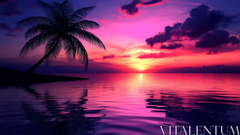 Dreamy palm shore at sunset wrapped in pink and purple glow.