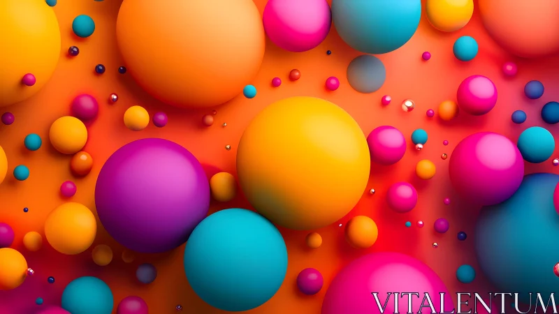 Vibrant 3D spheres create layered chromatic depth on orange field