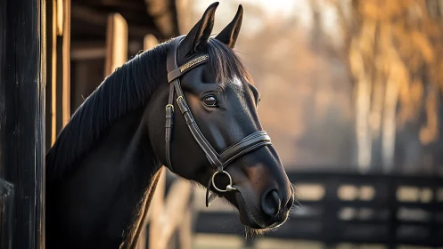 Black horse in leather bridle beside stable doorway.