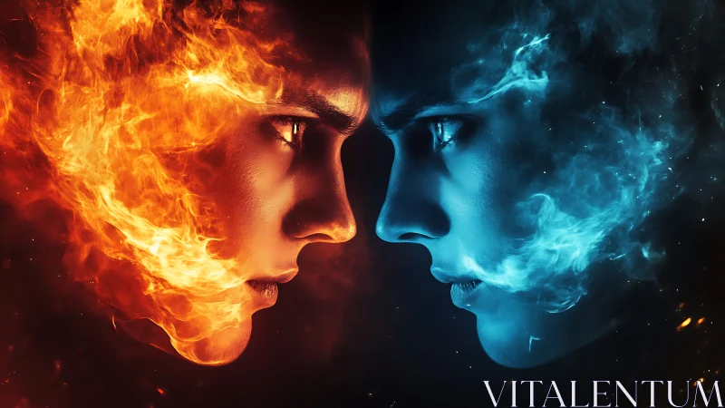 Elemental Duality: Fire and Ice Profiles Merge in Abstract Conflict.