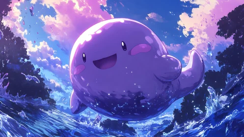 Joyful purple sea creature soars above sparkling sunset waves