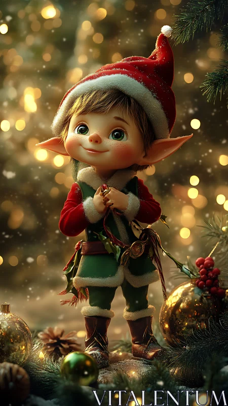 Christmas elf child stands among glowing festive ornaments