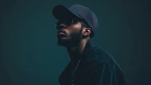 Side profile portrait of man in dark streetwear attire.