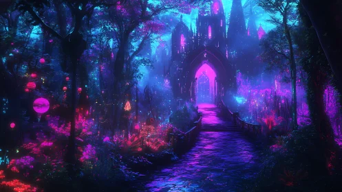 Neon forest path leads toward glowing gothic crystal citadel