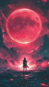 Backlit swordsman confronts colossal crimson moon in vaporous void