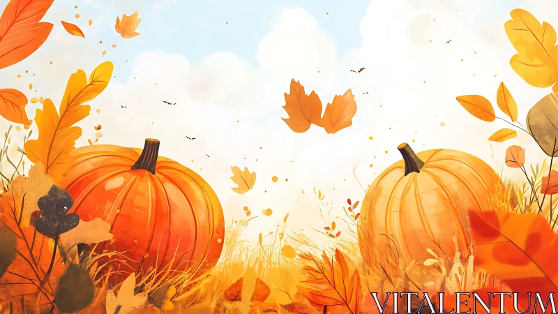 Autumn pumpkins amid swirling foliage under bright sky.