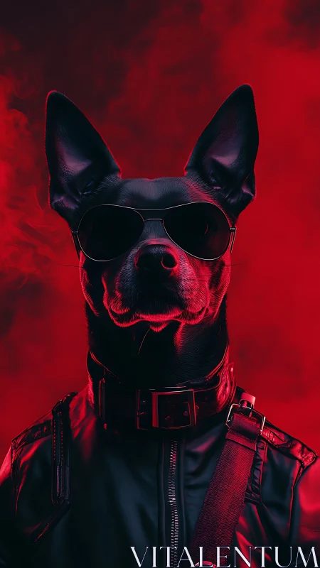 Cool black dog in leather jacket and sunglasses portrait.