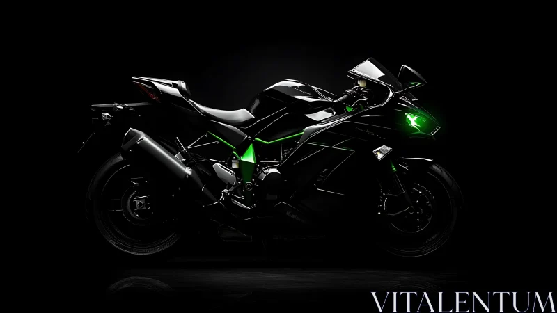 Photorealistic sport motorcycle in low-key lateral lighting study.