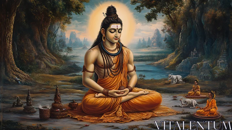 Meditating deity sits in forest landscape near riverbank