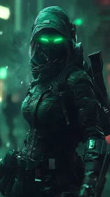 Hooded armed figure with glowing visor in urban night scene.