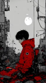 Red-hooded wanderer pauses as ruined city quietly exhales