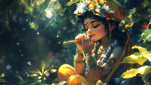 Youthful flute player in flower garland within forest light.