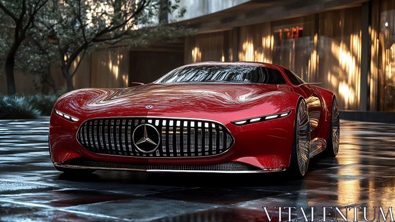 Crimson hypercar prowls a glassy courtyard of urban light.