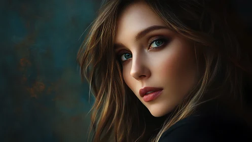 Side portrait of young woman against dark textured backdrop.