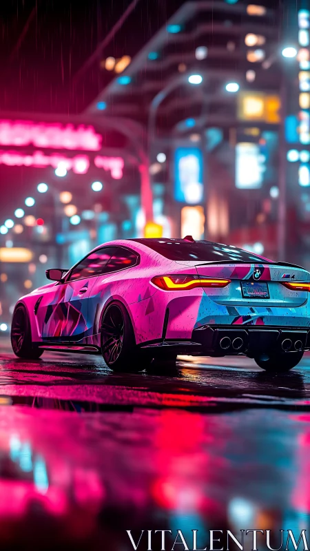Neon-wrapped sports coupe in rain-soaked cyberpunk street scene.