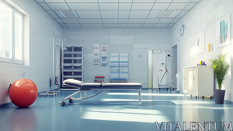 Sunlit physical therapy room rendered in clean 3D realism