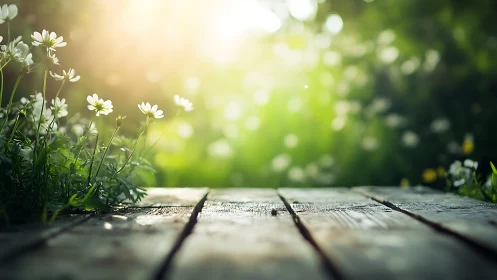 Backlit daisies beside weathered planks under shallow depth-of-field
