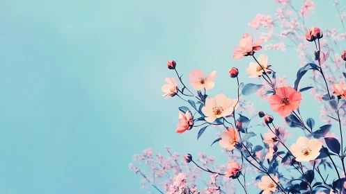 Pink Cosmos Blossoms Against Turquoise Sky.