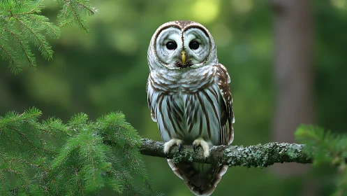 Barred owl perched on mossy branch in lush forest, realistic nature photograph.