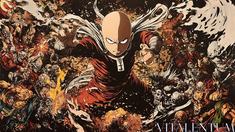 Central bald figure advances through dense chaotic battle