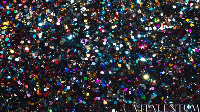 Macro view of multicolor metallic glitter confetti field.