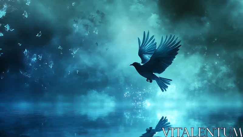 Bioluminescent teal bird in misted night sky above water