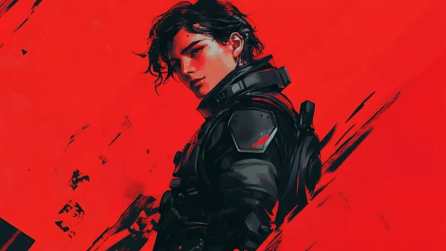 Armored figure in dark tactical gear against red field.