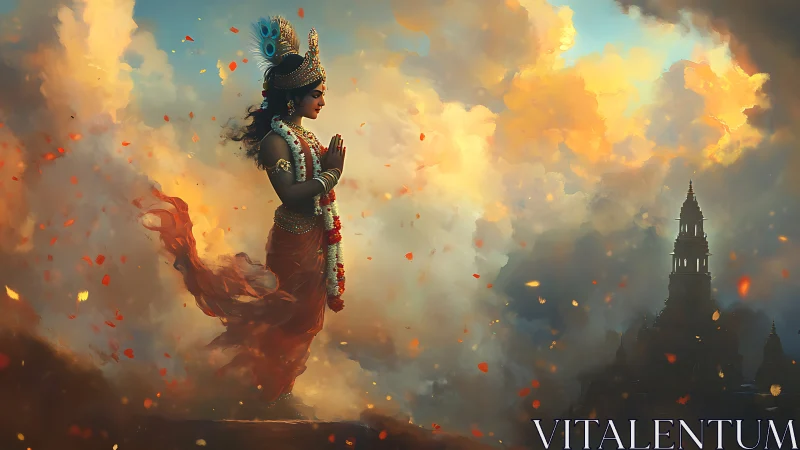 Serene skyward prayer among glowing temple clouds.