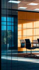 Modern Office Interior with Glass Partition and Wooden Panels.