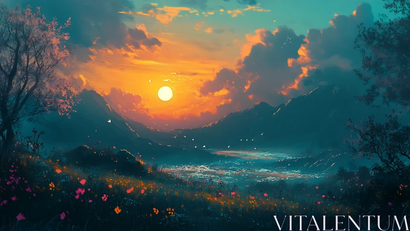 Radiant valley sunset bathes wildflower meadow in color.