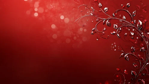 Ornamental Floral Vine Motif on Deep Crimson Background with Bokeh Luminescence