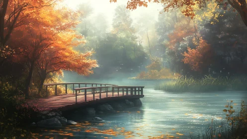 Wooden bridge over calm autumn lake in soft morning light.