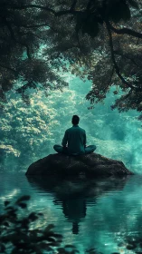 Quiet lake meditation beneath a soft emerald forest canopy.