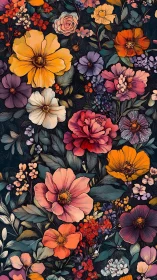 Dense Botanical Illustration With Layered Florals Rendered In Rich Saturated Color Palette