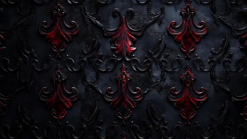 Dark ornamental wall pattern shows red baroque flourishes