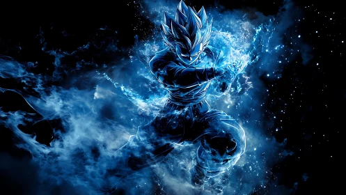 Blue energy fighter surges through cosmic smoke field.