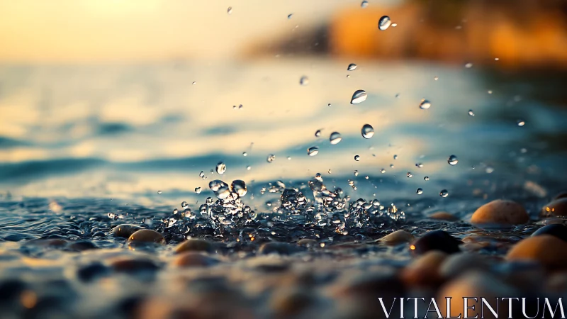 Shoreline droplets captured in golden hour motion freeze.