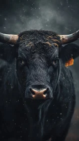 Front-facing black bull portrait under moody atmospheric lighting