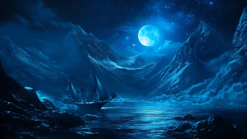 Lunar-illuminated glacial fjord with multi-masted ghost vessel.