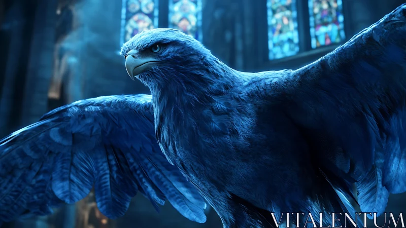 3D blue falcon close-up in stained-glass cathedral interior.