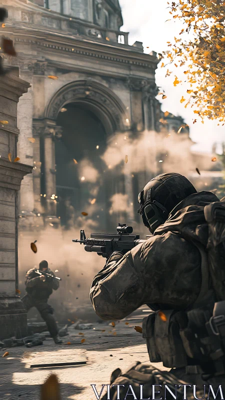 Intense urban firefight unfolds amid crumbling stone arches.