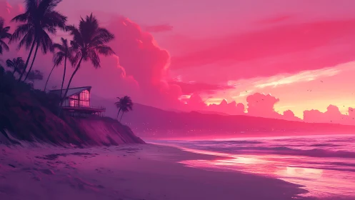 Sunset coast villa under neon pink tropical sky.