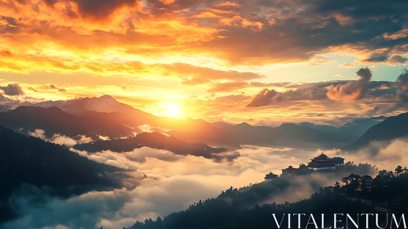 Sunrise illuminates tiered mountain temples above stratified cloud deck