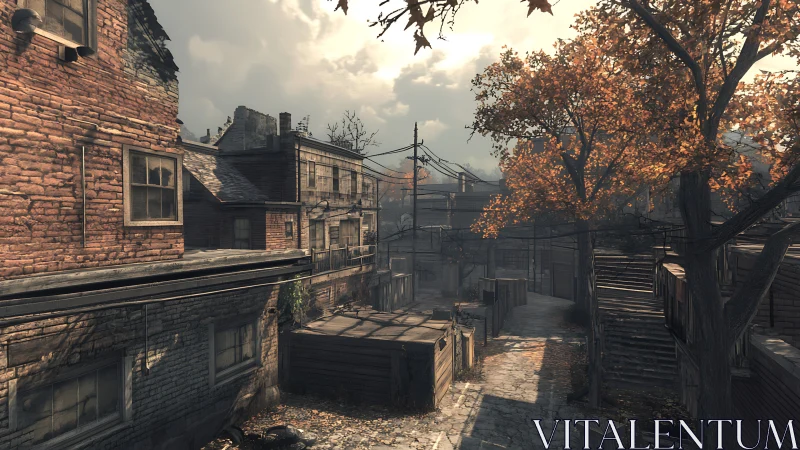 Old brick alleyway with autumn trees and overhead cables.