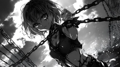 Chainlit sky rebel in stormlit monochrome awakening.